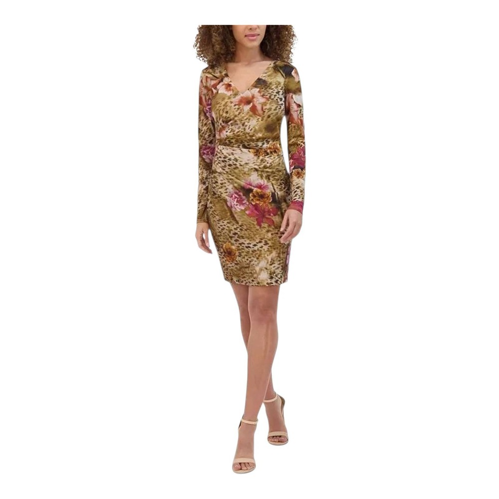 Siena Women Bodycon Dress Floral Leopard Print Mesh V-Neck Long Sleeve Brown 14
